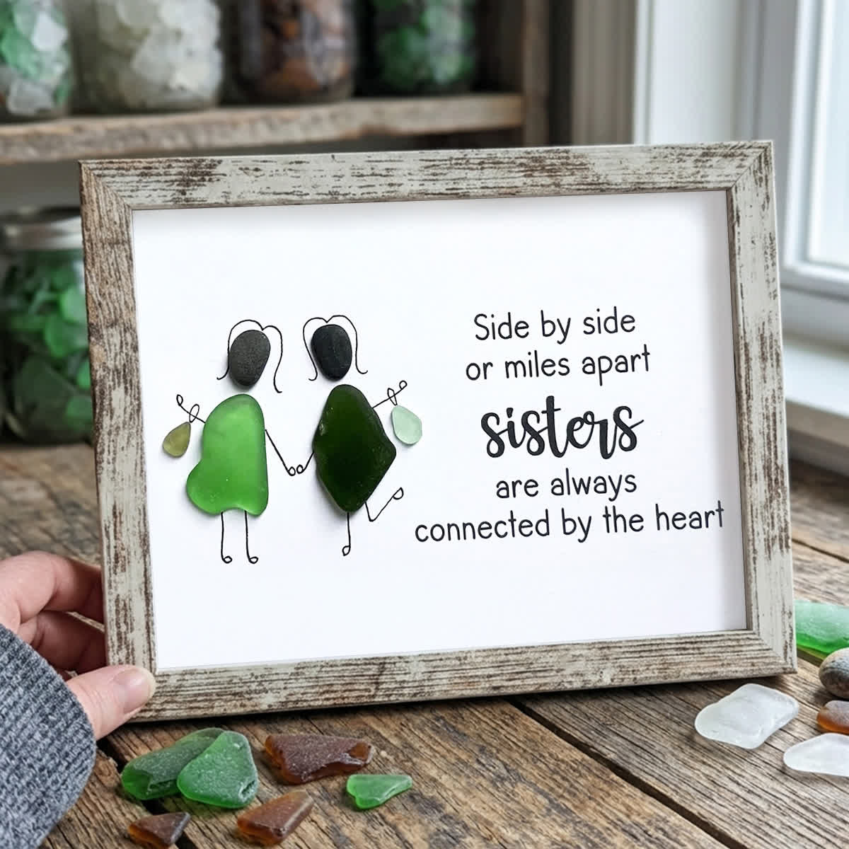 Sisters Connected by Heart Sea Glass Framed Art - Retro White - 6" X 8" - image 15