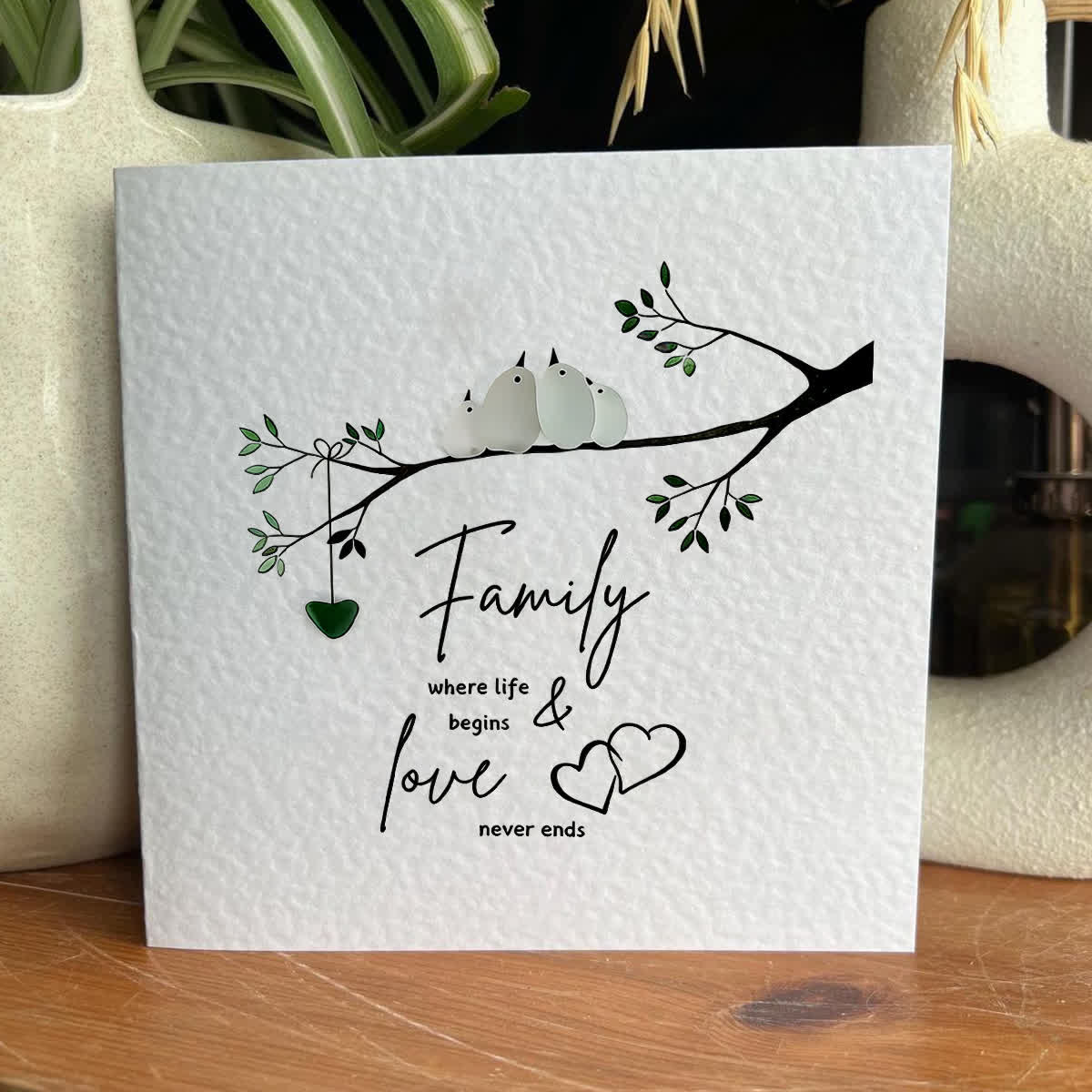 Sweet Flock Of Birds Family Sea Glass Framed Art - Seaglass Card - 8" X 8" - image 1