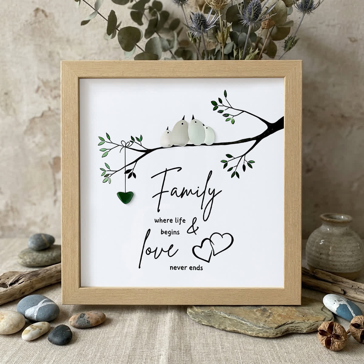 Sweet Flock Of Birds Family Sea Glass Framed Art - Oak - 8" X 8" - image 10