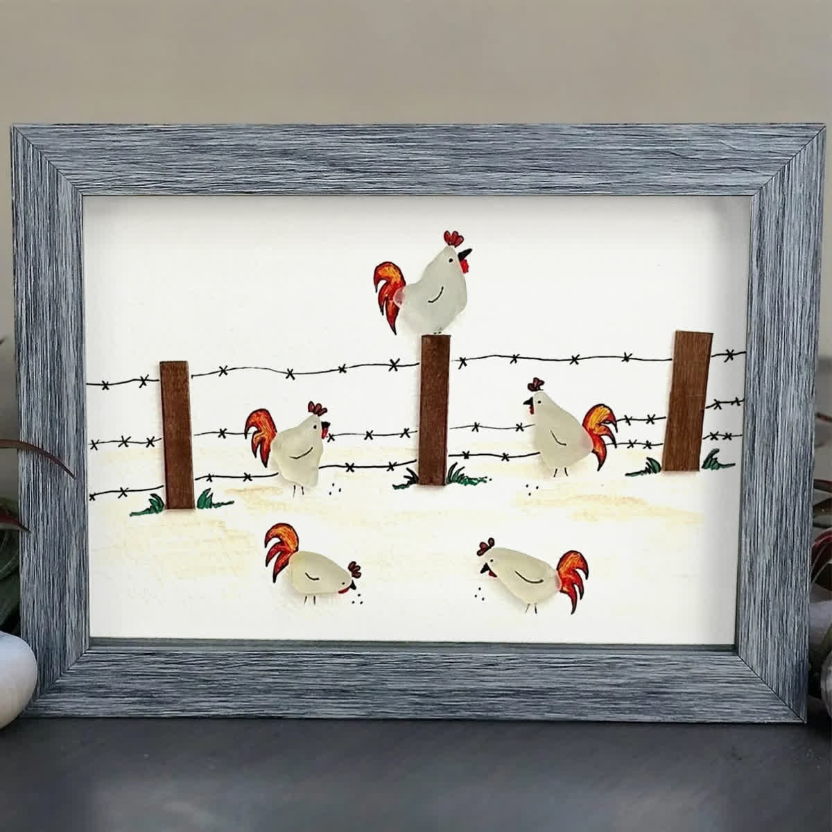 Rustic Farmhouse Roosters Sea Glass Framed Art - image 4
