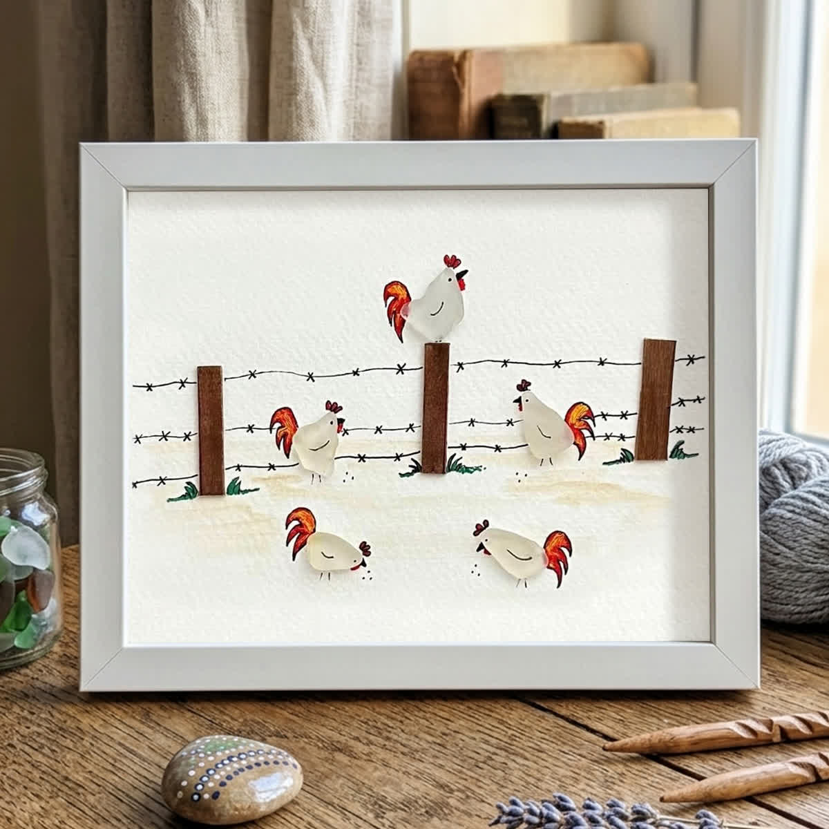 Rustic Farmhouse Roosters Sea Glass Framed Art - White - 6" X 8" - image 14