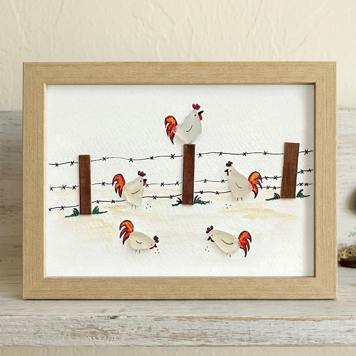 Rustic Farmhouse Roosters Sea Glass Framed Art - Oak - 6" X 8" - image 11