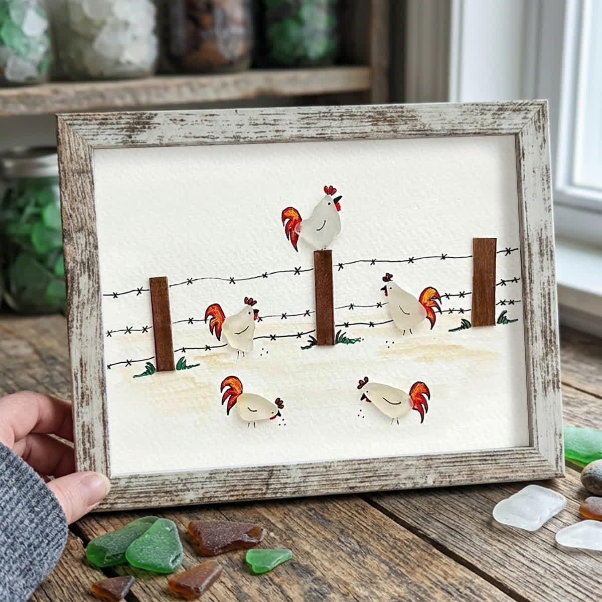 Rustic Farmhouse Roosters Sea Glass Framed Art - Retro White - 6" X 8" - image 15
