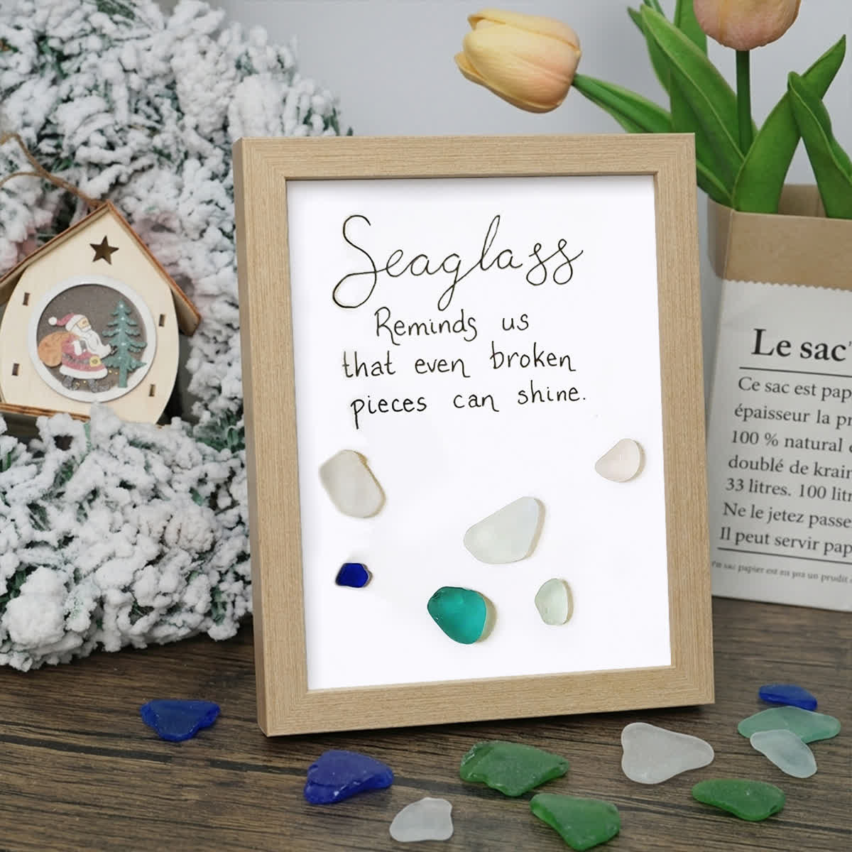 Shining Pieces Inspirational Quote Sea Glass Framed Art - Oak - 8" X 6" - image 11