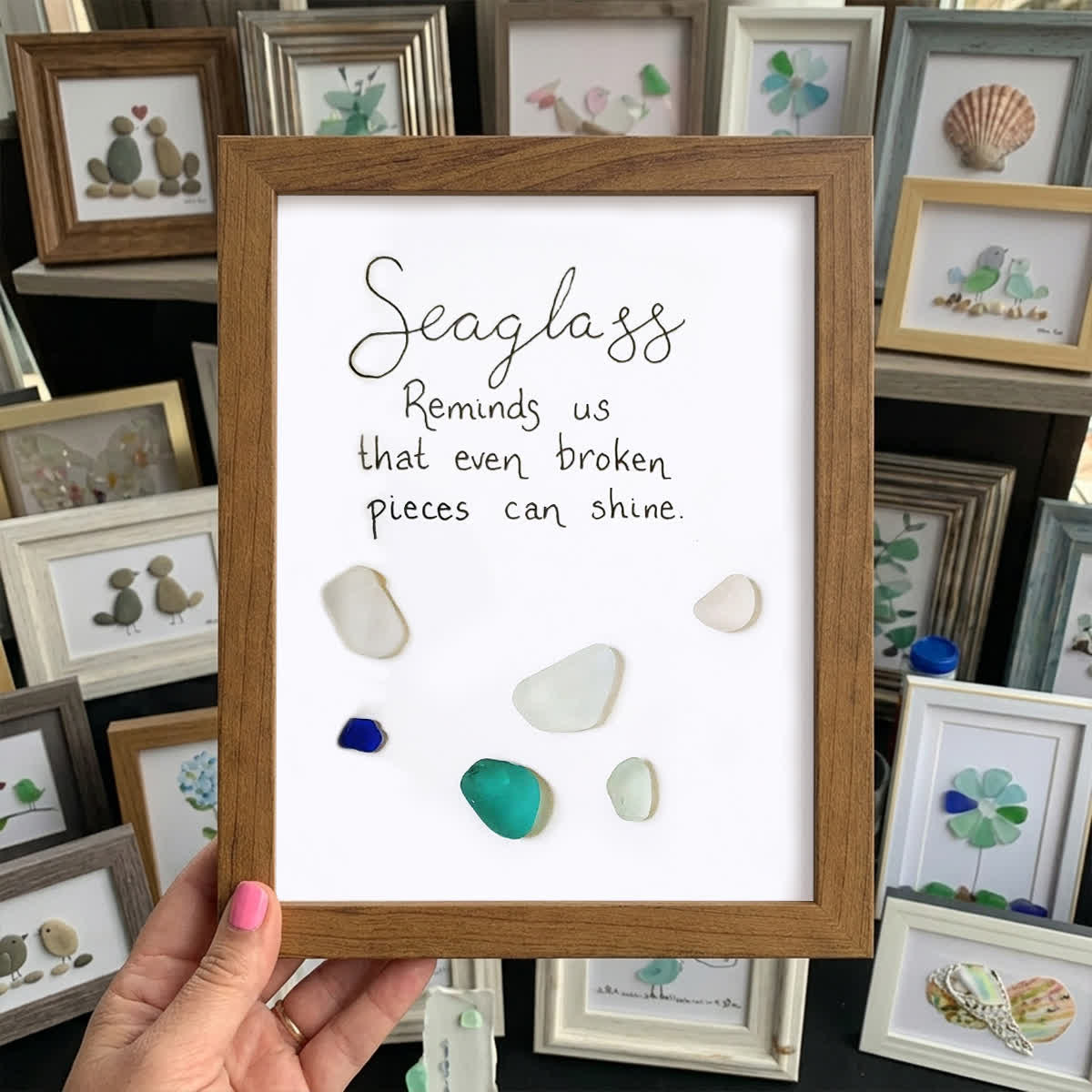 Shining Pieces Inspirational Quote Sea Glass Framed Art - Walnut Brown - 8" X 6" - image 12