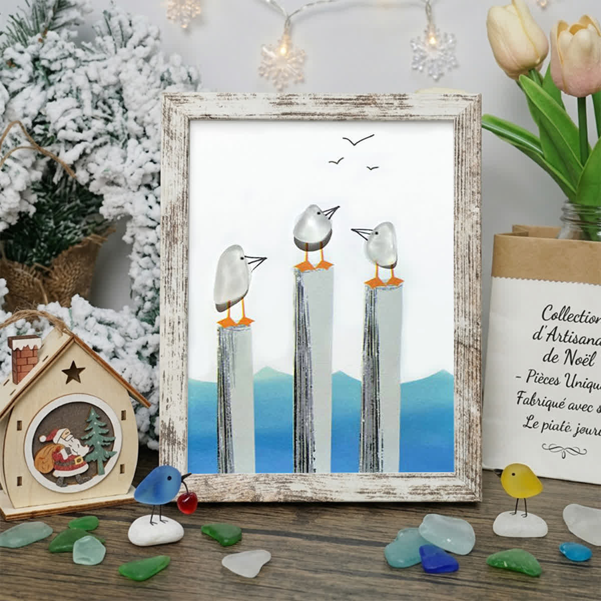 Calming Coastal Seagulls Sea Glass Framed Art - Retro White - 8" X 6" - image 10