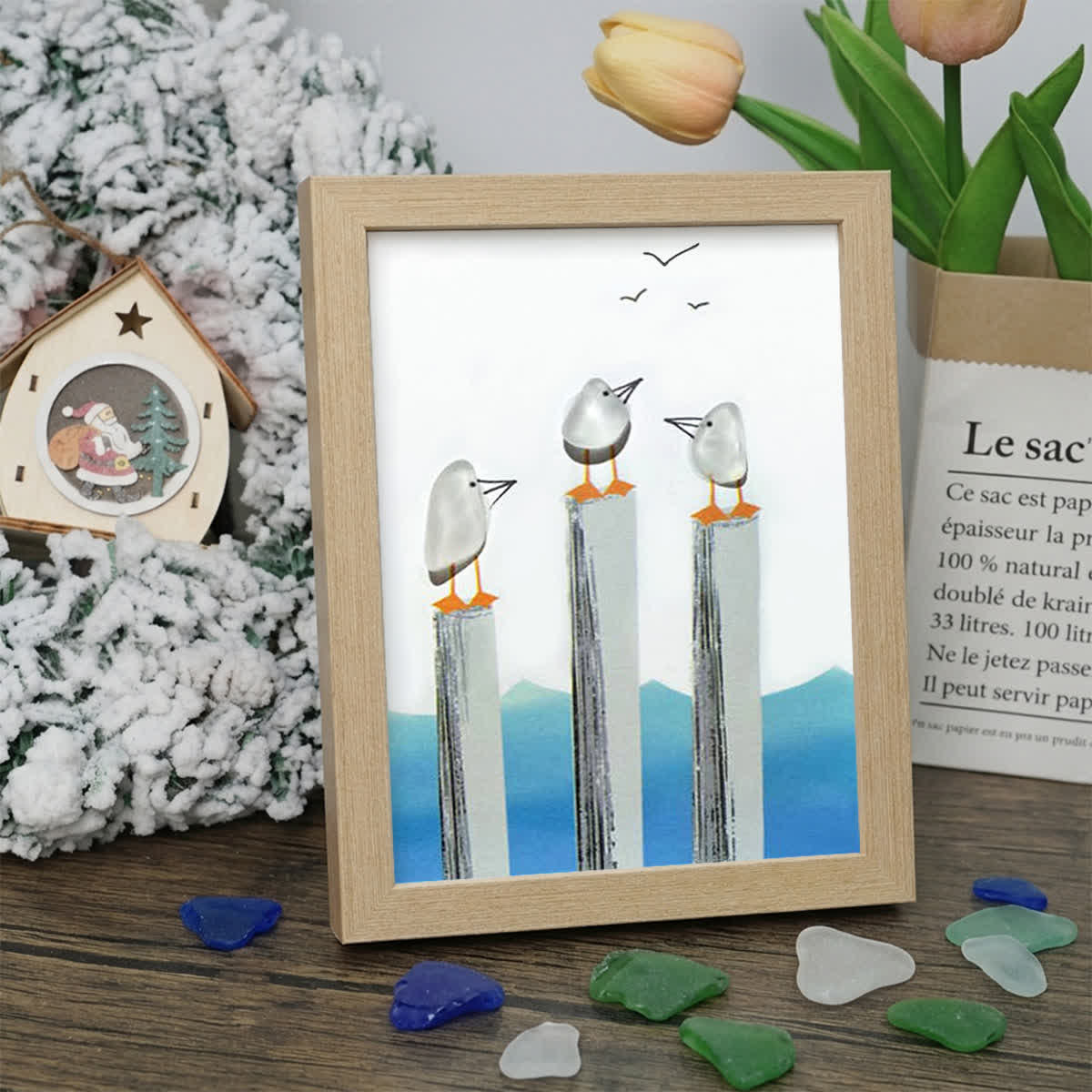 Calming Coastal Seagulls Sea Glass Framed Art - Oak - 8" X 6" - image 6