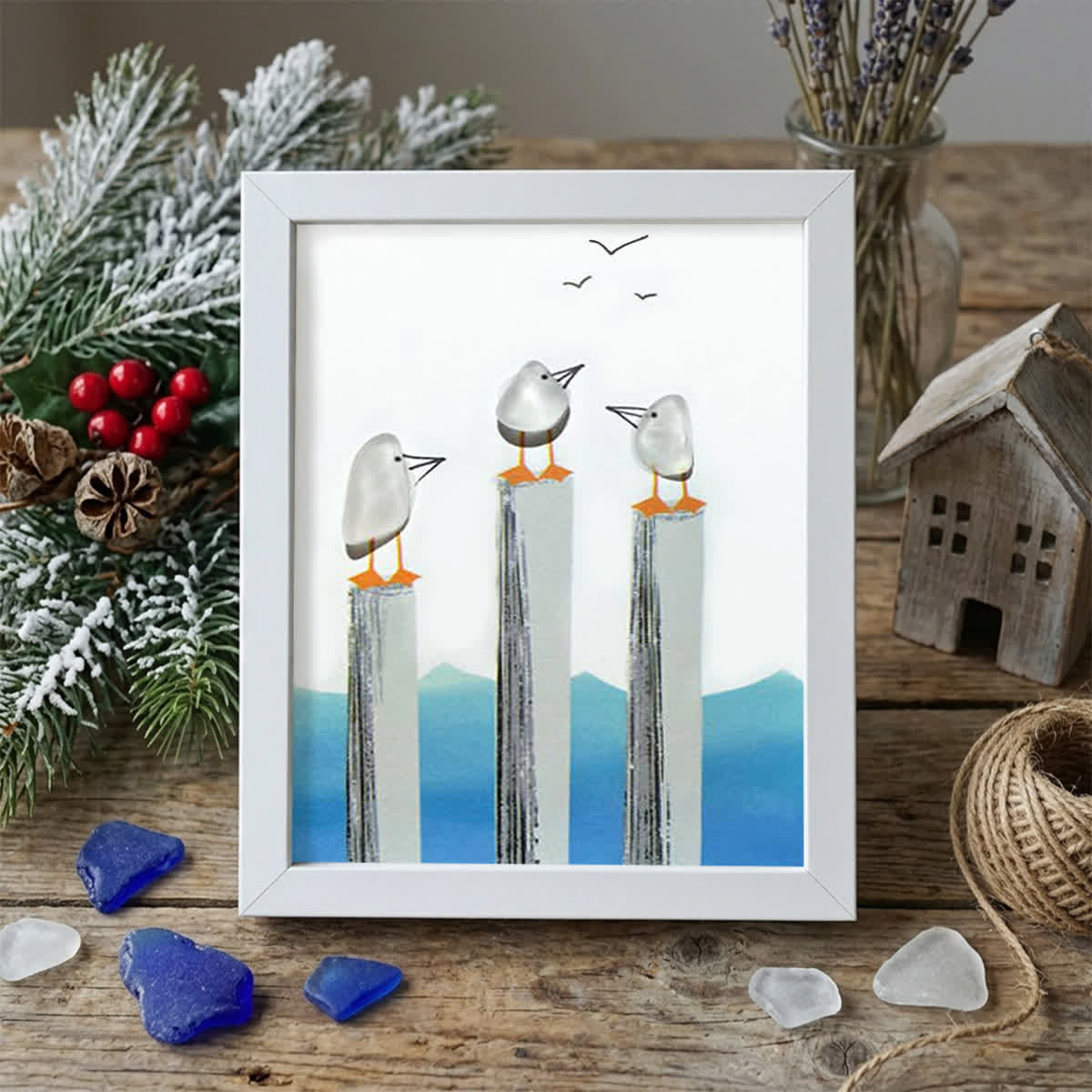 Calming Coastal Seagulls Sea Glass Framed Art - White - 8" X 6" - image 9