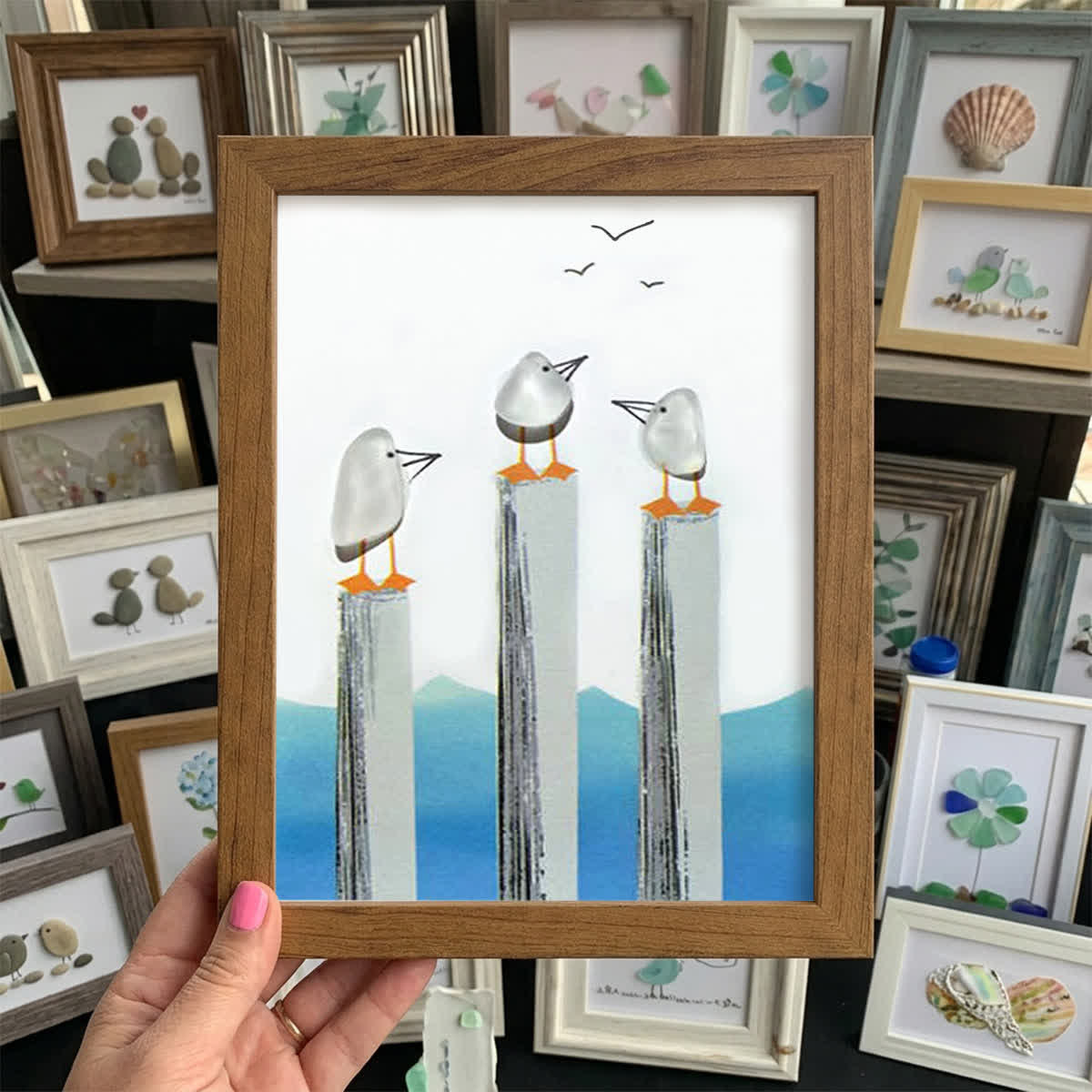Calming Coastal Seagulls Sea Glass Framed Art - Walnut Brown - 8" X 6" - image 7