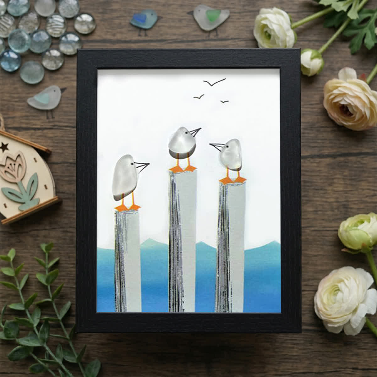 Calming Coastal Seagulls Sea Glass Framed Art - Black - 8" X 6" - image 8