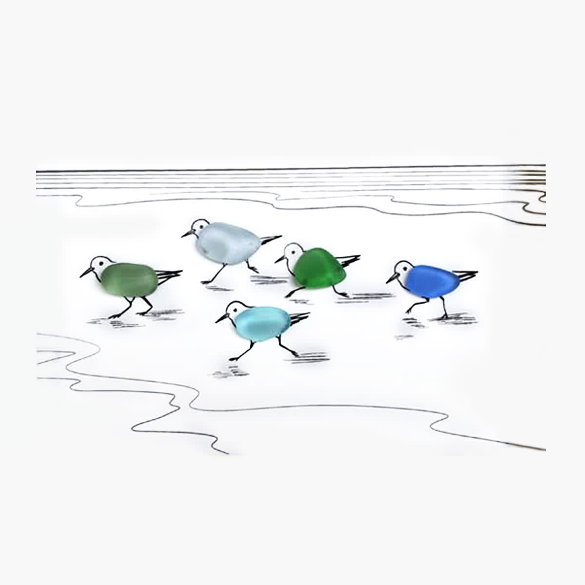 Coastal Life Shoreline Sandpipers Sea Glass Framed Art - Seaglass Card - 6" X 8" - image 1