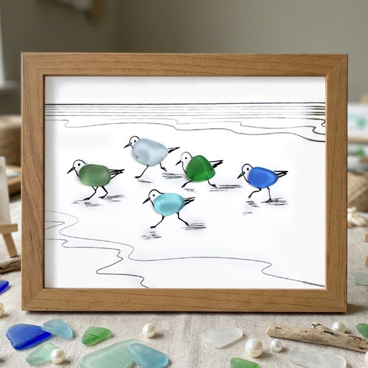 Coastal Life Shoreline Sandpipers Sea Glass Framed Art - Walnut Brown - 6" X 8" - image 8
