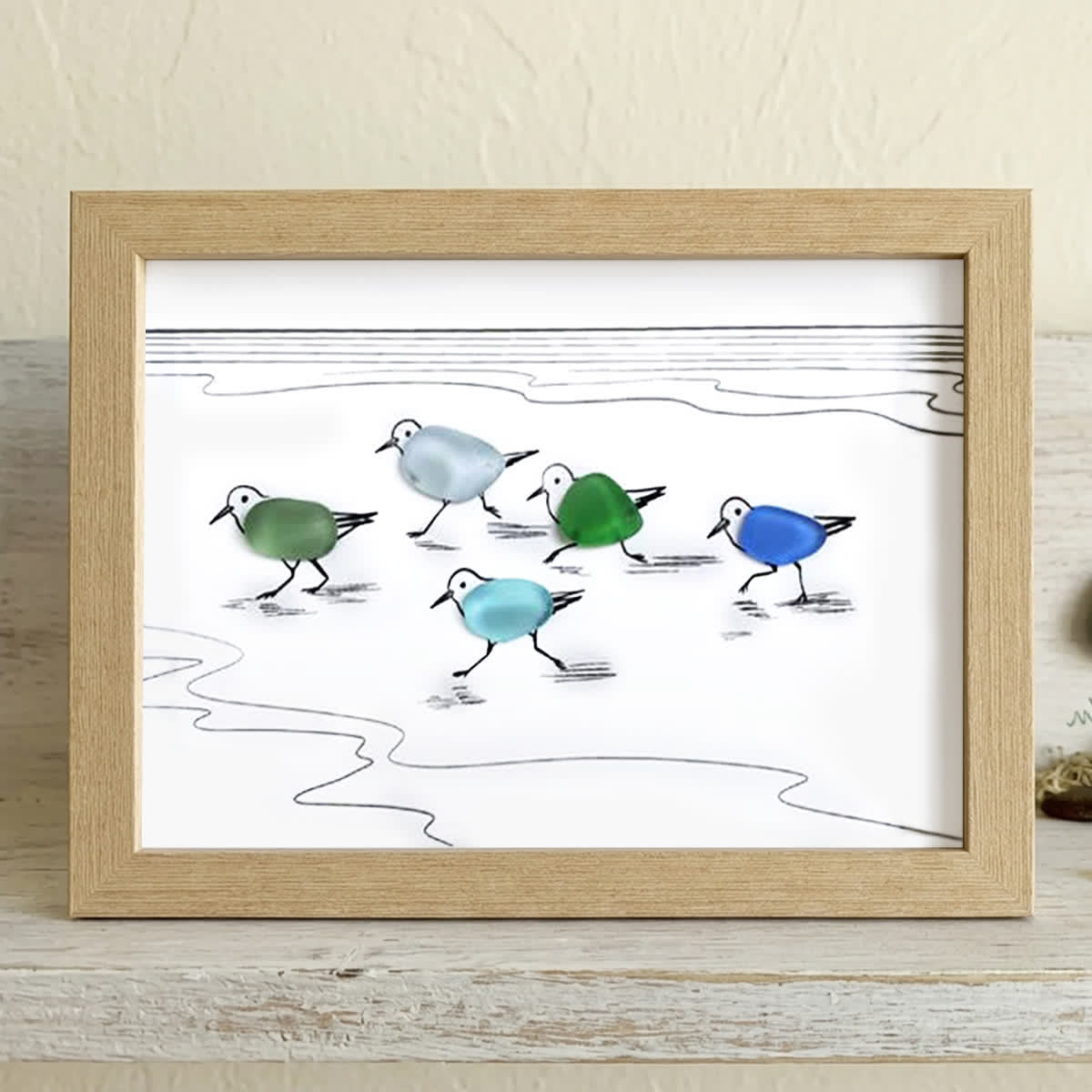 Coastal Life Shoreline Sandpipers Sea Glass Framed Art - Oak - 6" X 8" - image 7