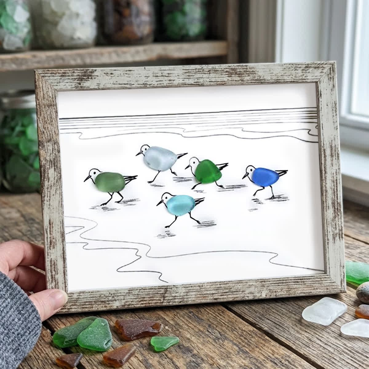 Coastal Life Shoreline Sandpipers Sea Glass Framed Art - Retro White - 6" X 8" - image 11