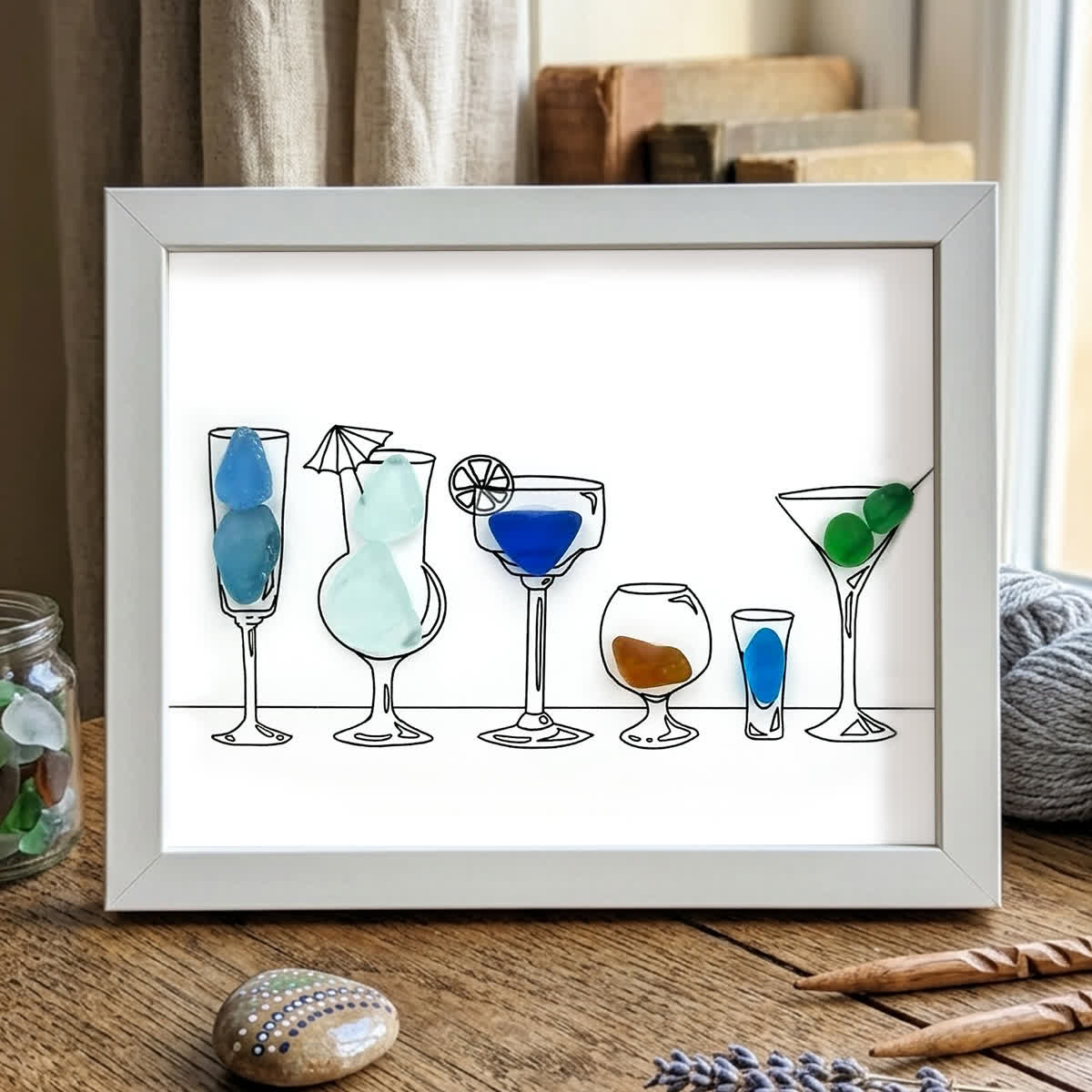 Cocktail Hour Coastal Charm Sea Glass Framed Art - Walnut Brown - 6" X 8" - image 9