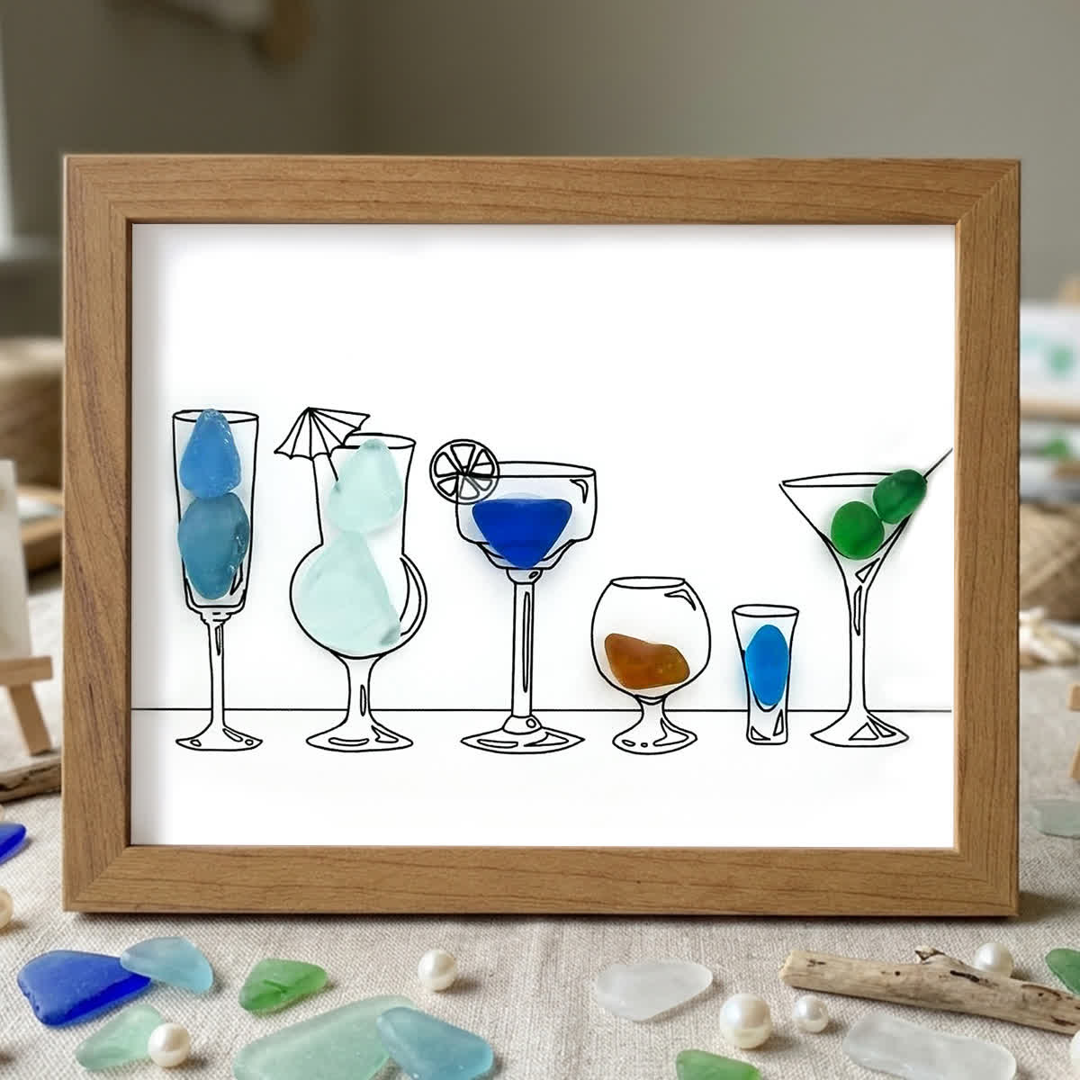 Cocktail Hour Coastal Charm Sea Glass Framed Art - Oak - 6" X 8" - image 8