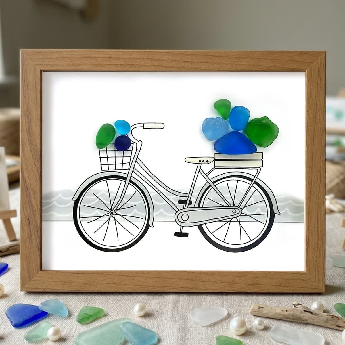 Seaside Adventure Coastal Bicycle Sea Glass Framed Art - Walnut Brown - 6" X 8" - image 8