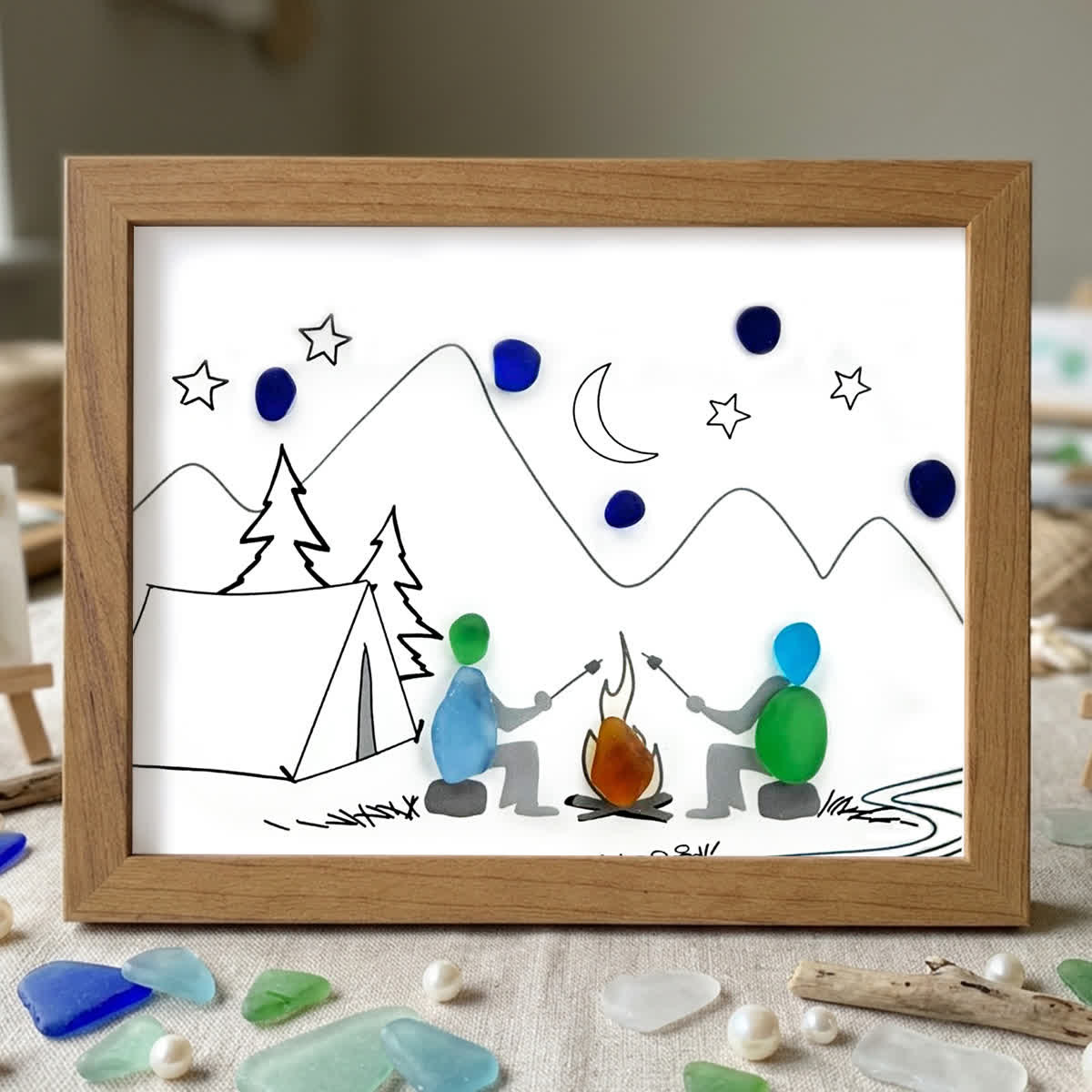 Starry Campfire Tales Sea Glass Framed Art - Walnut Brown - 6" X 8" - image 8