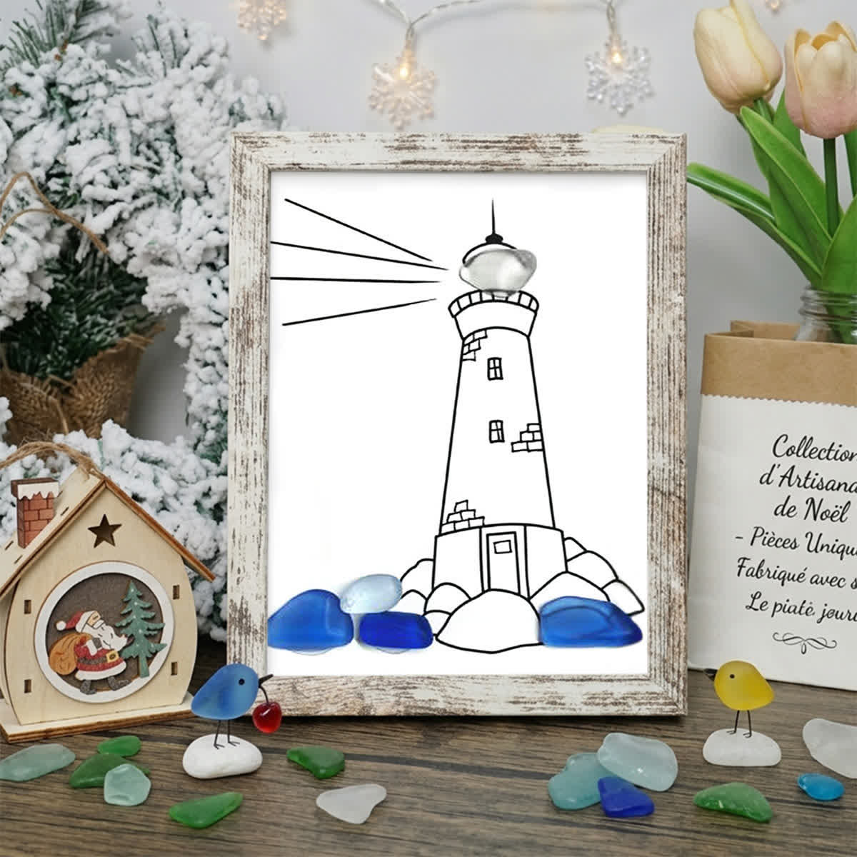 Natural Guiding Lighthouse Sea Glass Framed Art - Retro White - 8" X 6" - image 10