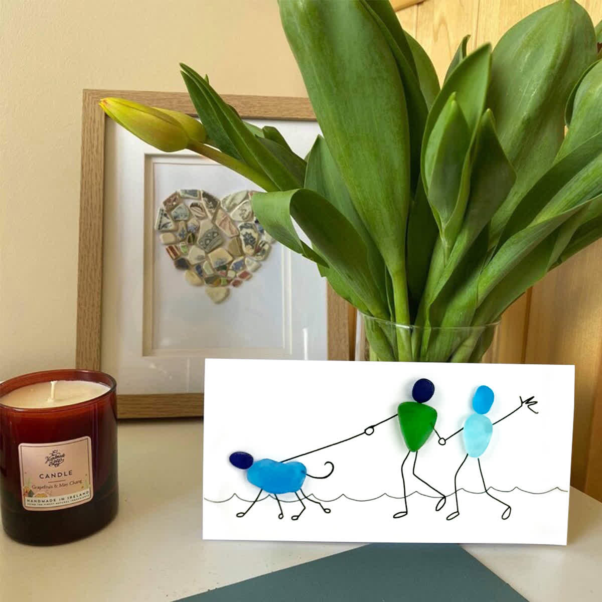 Coastal Stroll With Puppy Sea Glass Framed Art - Seaglass Card - 6" X 8" - image 1