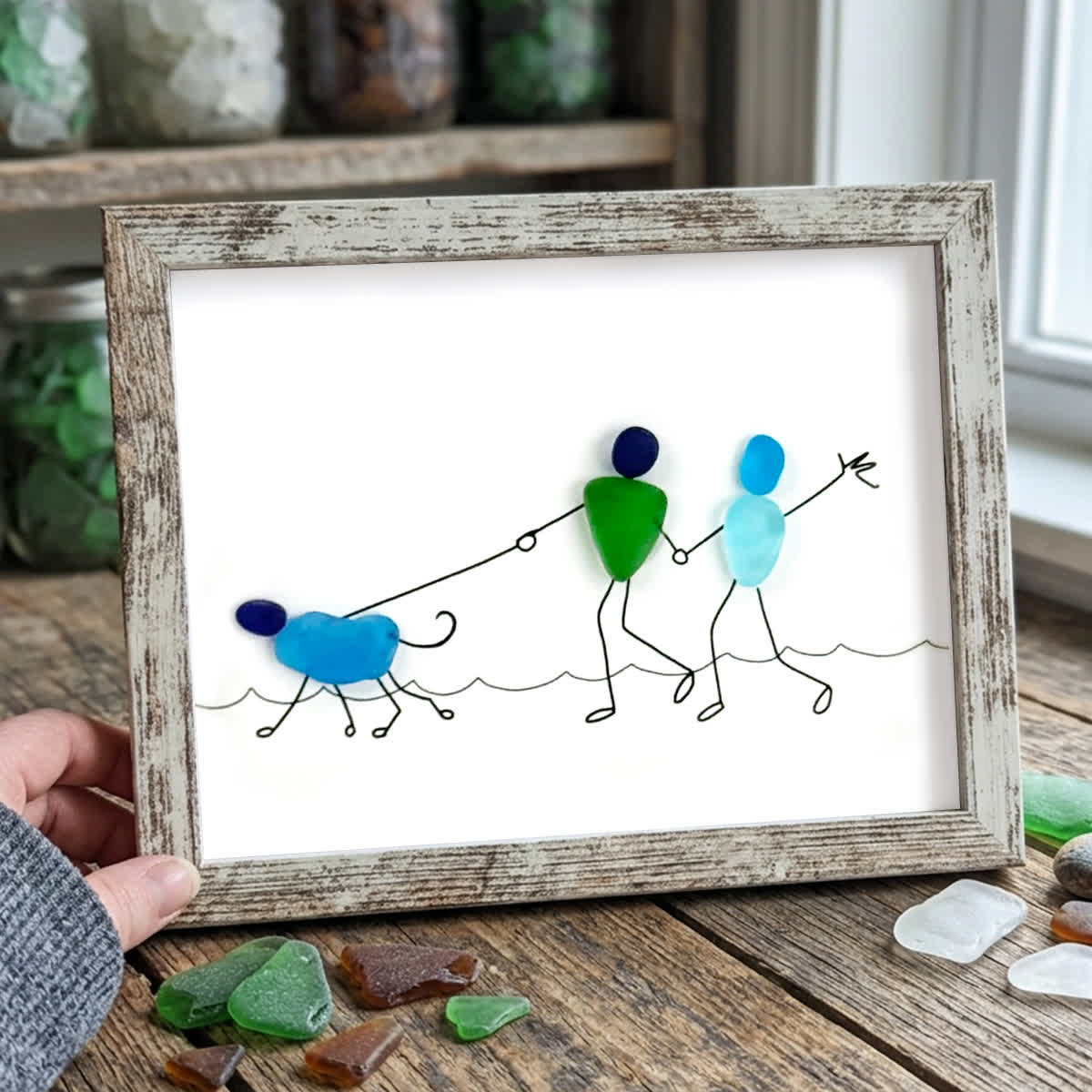 Coastal Stroll With Puppy Sea Glass Framed Art - Retro White - 6" X 8" - image 11