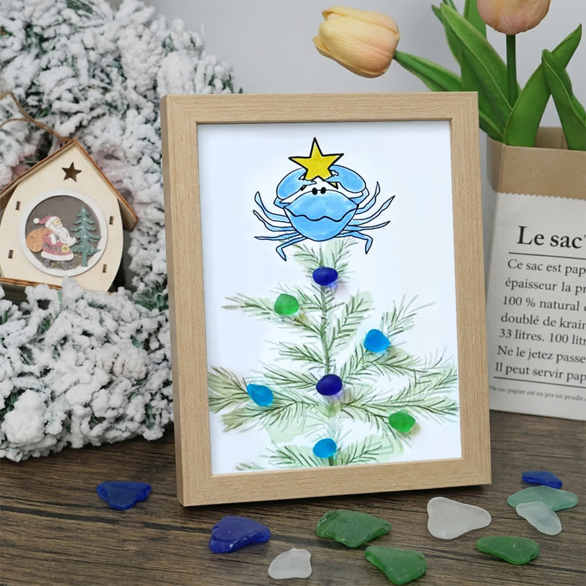 Festive Cheer Christmas Crab Sea Glass Framed Art - Oak - 8" X 6" - image 6