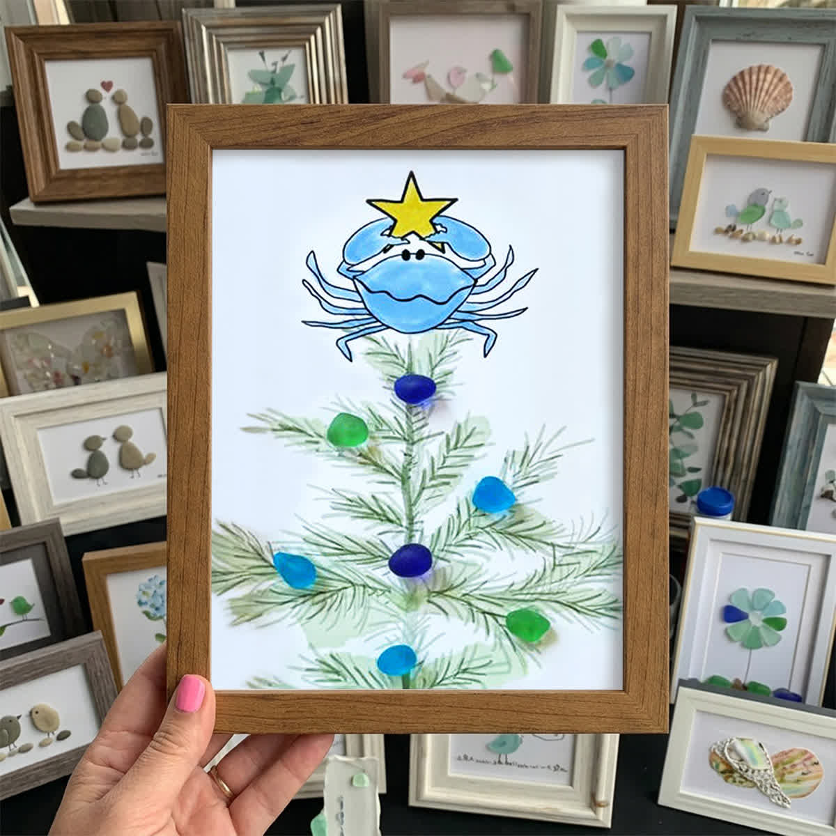 Festive Cheer Christmas Crab Sea Glass Framed Art - Walnut Brown - 8" X 6" - image 7