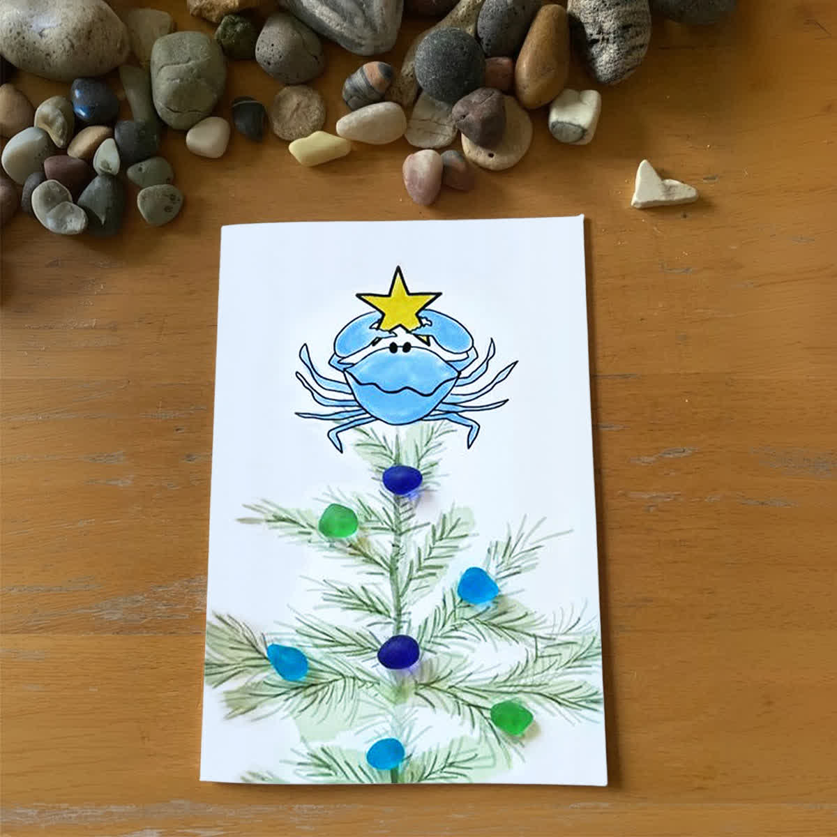 Festive Cheer Christmas Crab Sea Glass Framed Art - Seaglass Card - 8" X 6" - image 1
