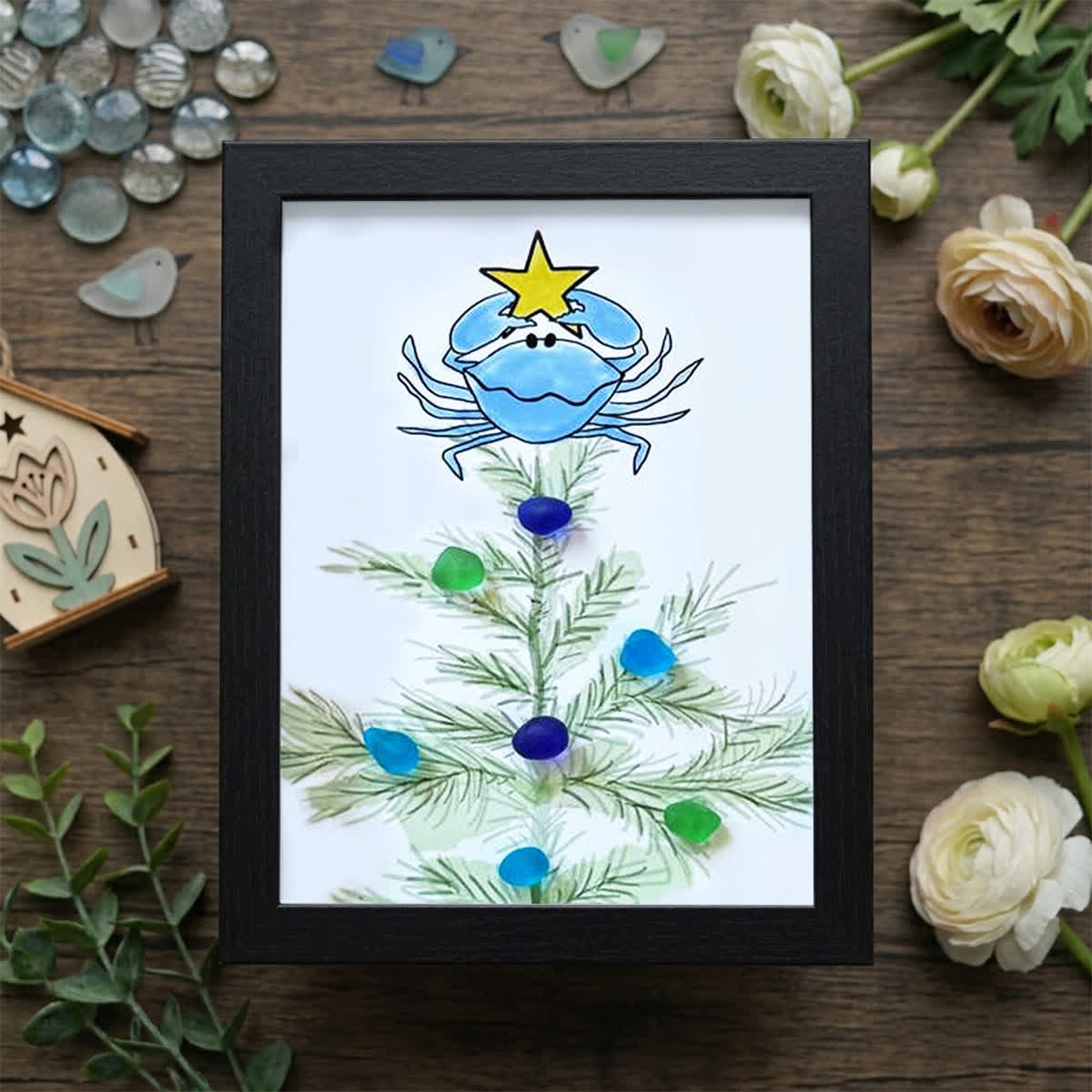 Festive Cheer Christmas Crab Sea Glass Framed Art - Black - 8" X 6" - image 8
