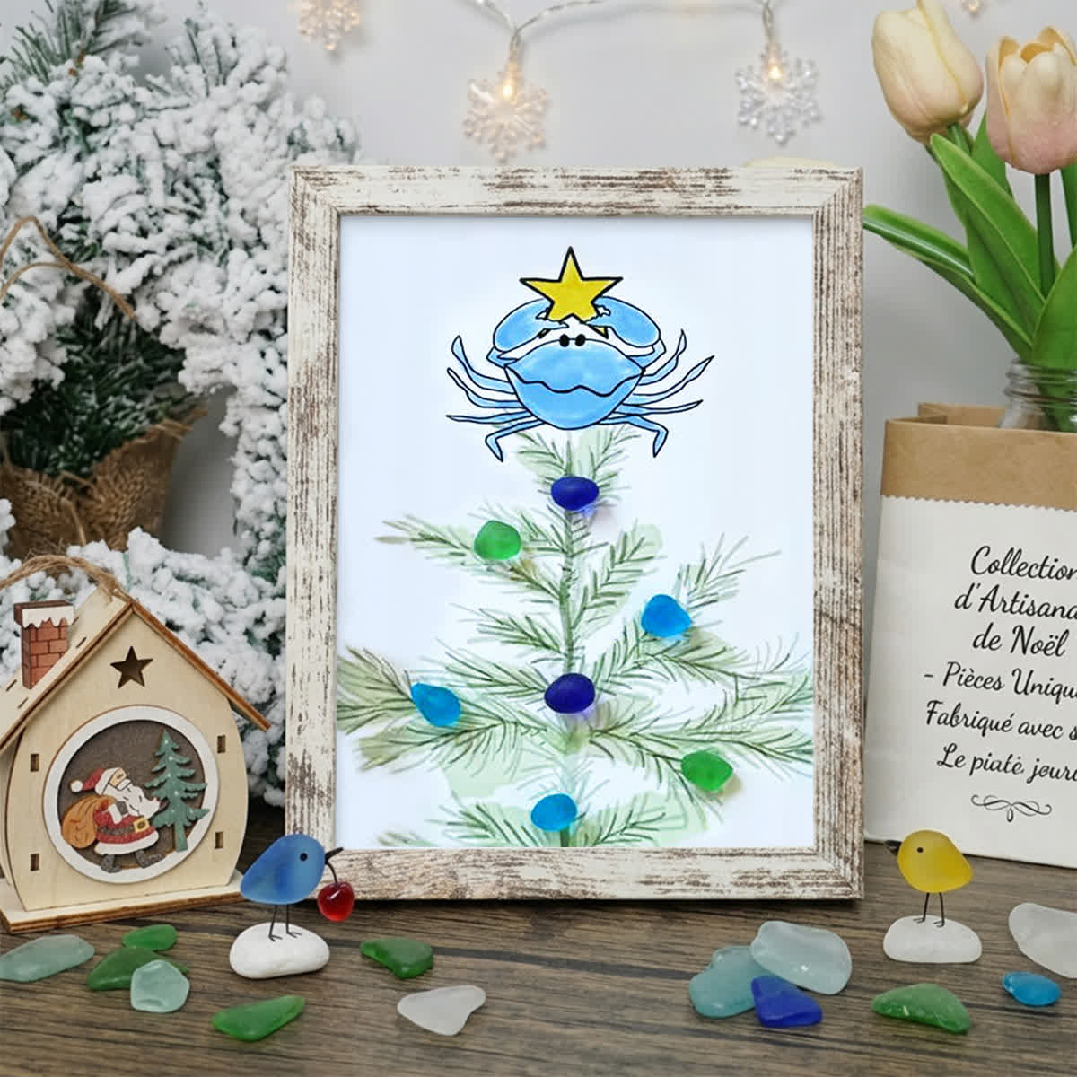 Festive Cheer Christmas Crab Sea Glass Framed Art - Retro White - 8" X 6" - image 10