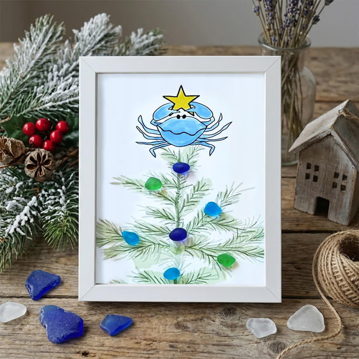 Festive Cheer Christmas Crab Sea Glass Framed Art - White - 8" X 6" - image 9