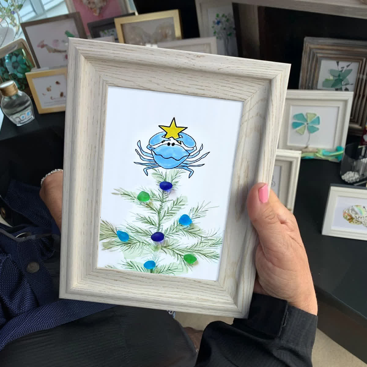 Festive Cheer Christmas Crab Sea Glass Framed Art - image 0