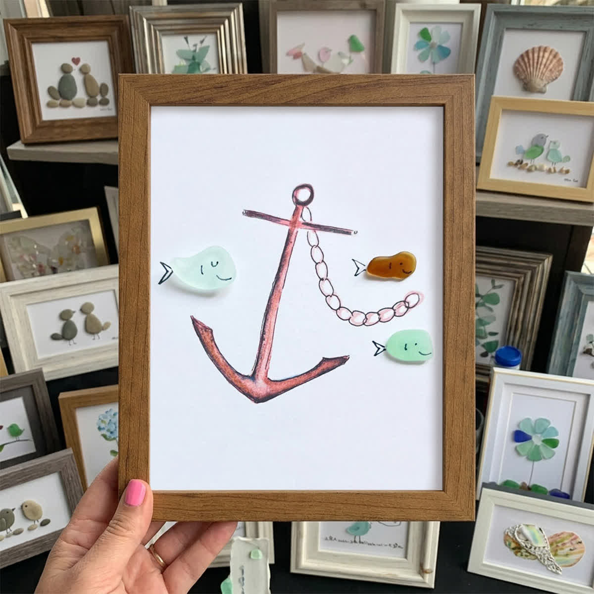 Steady Anchor & Joyful Fish Sea Glass Framed Art - Walnut Brown - 8" X 6" - image 7