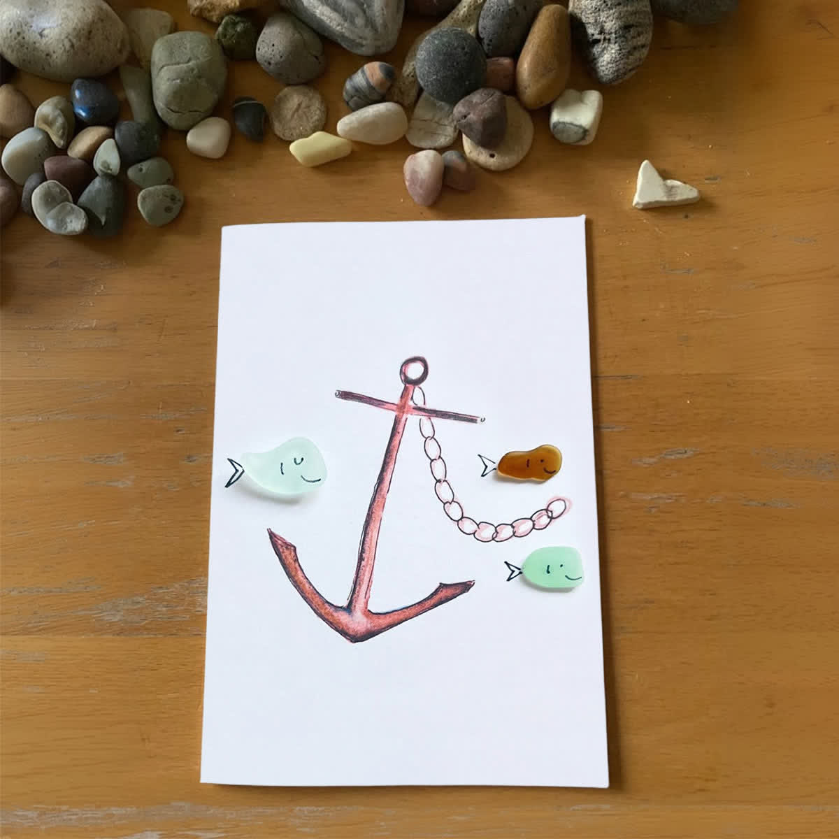 Steady Anchor & Joyful Fish Sea Glass Framed Art - Seaglass Card - 8" X 6" - image 1