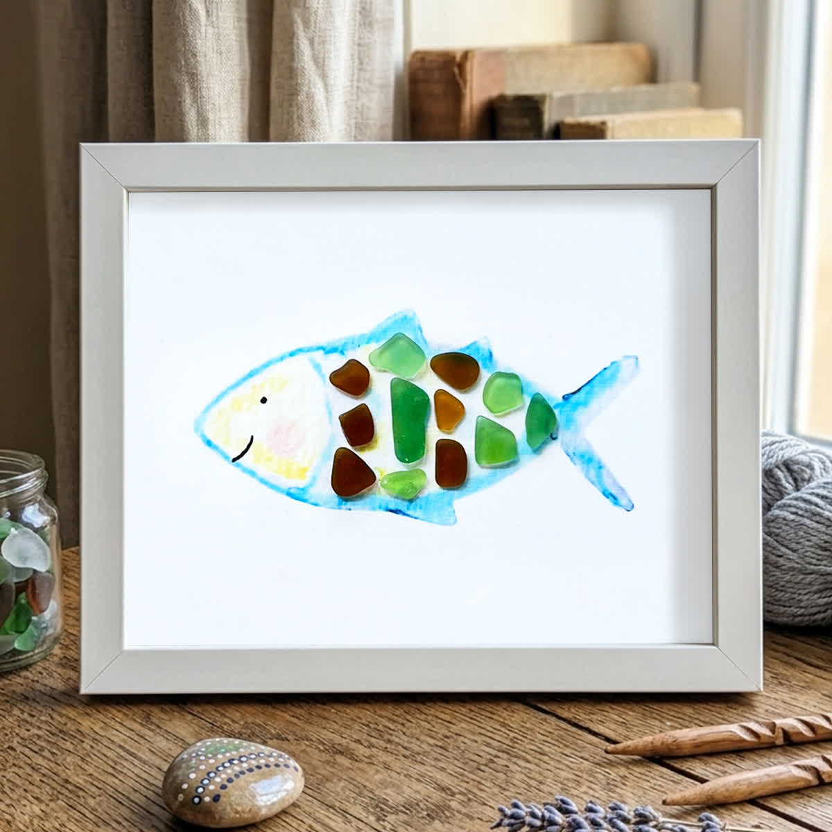 Cheerful Watercolor Fish Outline Sea Glass Framed Art - White - 6" X 8" - image 10