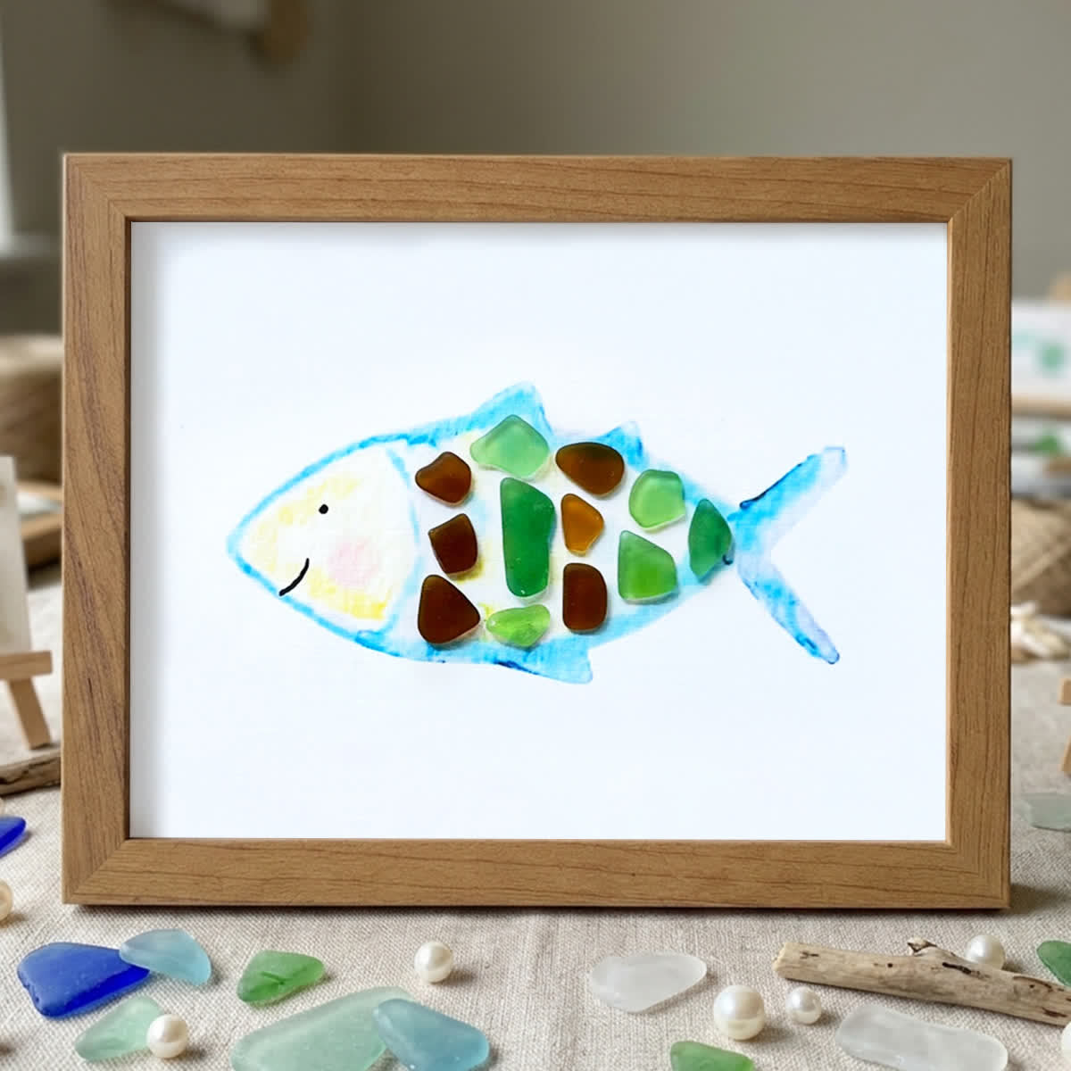 Cheerful Watercolor Fish Outline Sea Glass Framed Art - Walnut Brown - 6" X 8" - image 8