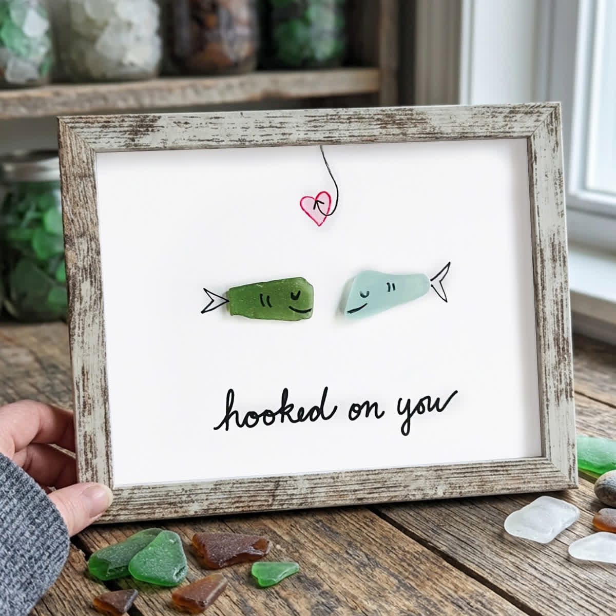 Hooked On You Love Fish Sea Glass Framed Art - Retro White - 6" X 8" - image 11