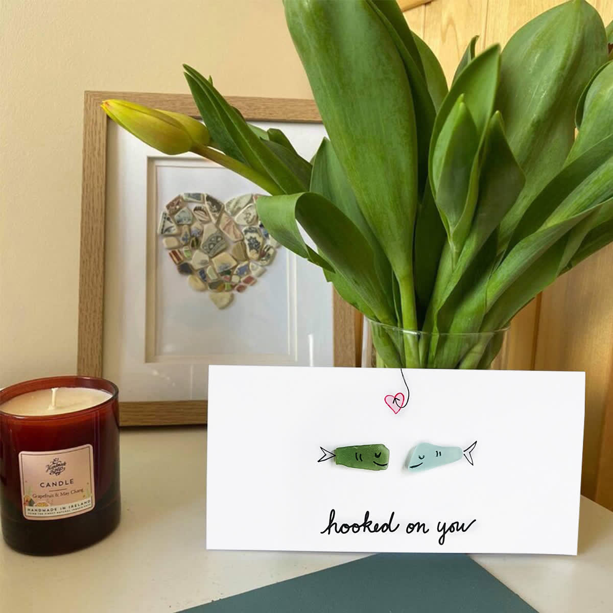 Hooked On You Love Fish Sea Glass Framed Art - Seaglass Card - 6" X 8" - image 1