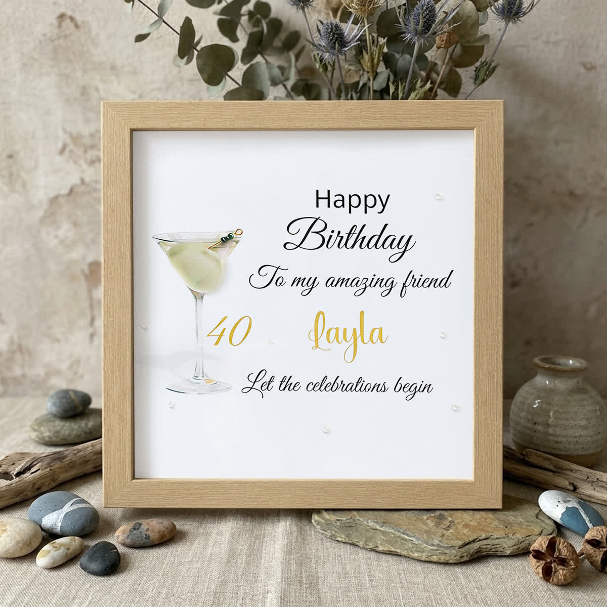 Custom Birthday Celebration Sea Glass Framed Art - Oak - 8" X 8" - image 10
