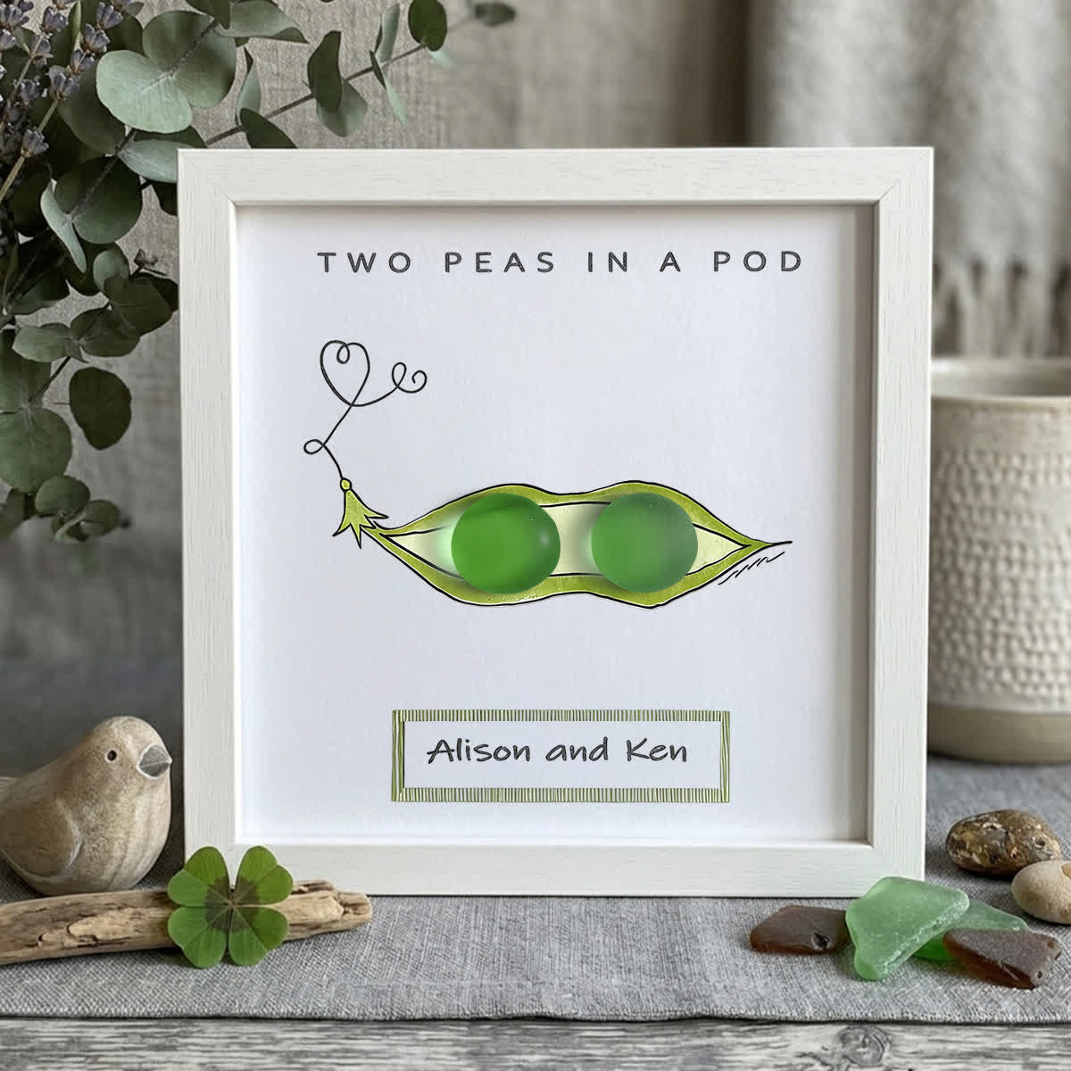 "Two Peas in a Pod" Custom Name Sea Glass Framed Art - White - 8" X 8" - image 9