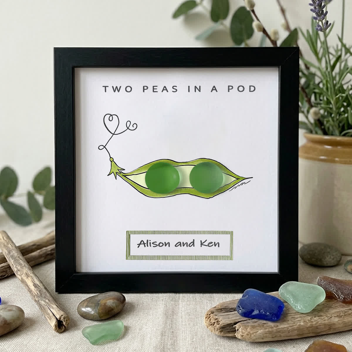 "Two Peas in a Pod" Custom Name Sea Glass Framed Art - Black - 8" X 8" - image 8