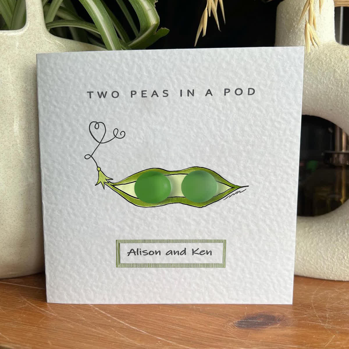 "Two Peas in a Pod" Custom Name Sea Glass Framed Art - Seaglass Card - 8" X 8" - image 1