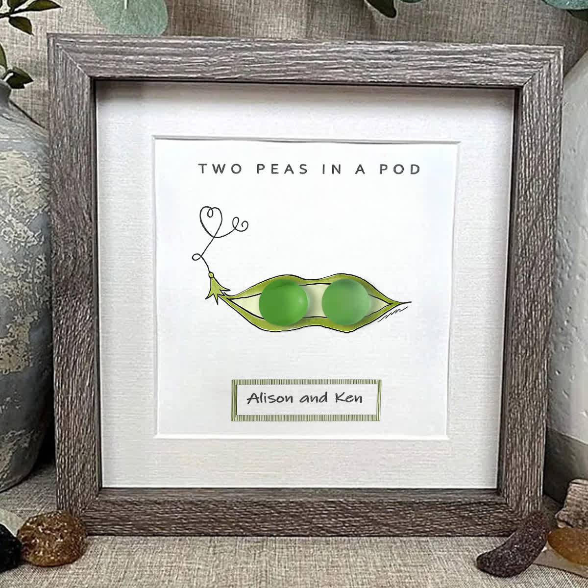 "Two Peas in a Pod" Custom Name Sea Glass Framed Art - image 0