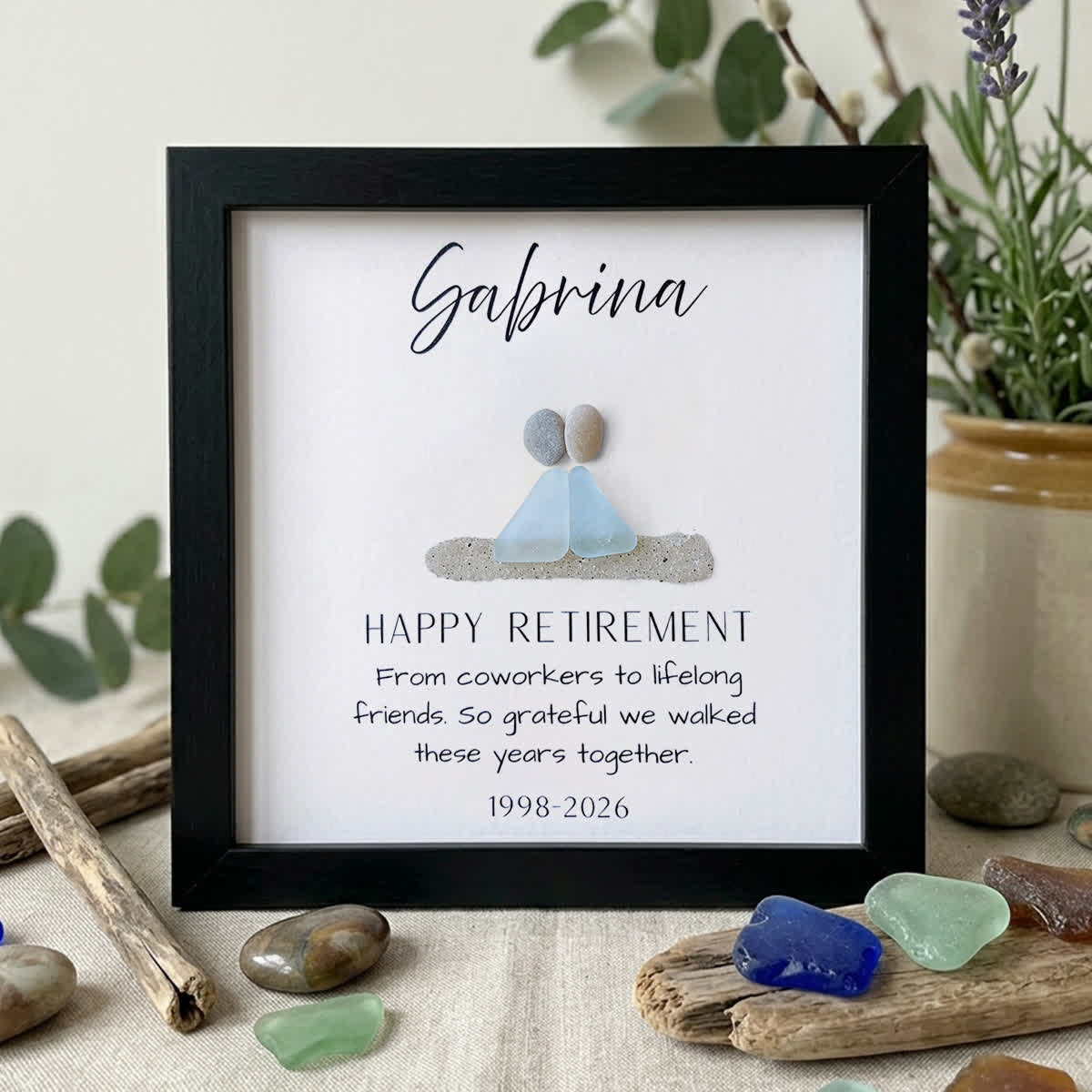 Retirement Gift Custom Name & Year Sea Glass Framed Art - Black - 8" X 8" - image 8