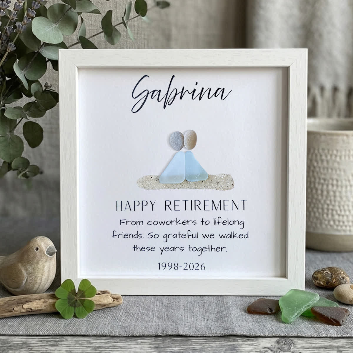 Retirement Gift Custom Name & Year Sea Glass Framed Art - White - 8" X 8" - image 9