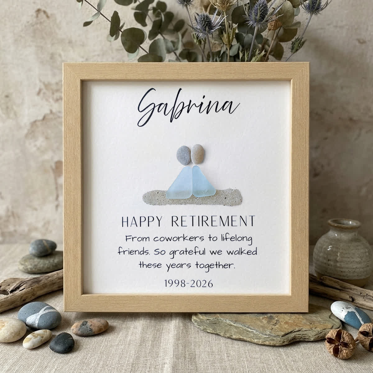 Retirement Gift Custom Name & Year Sea Glass Framed Art - Oak - 8" X 8" - image 7