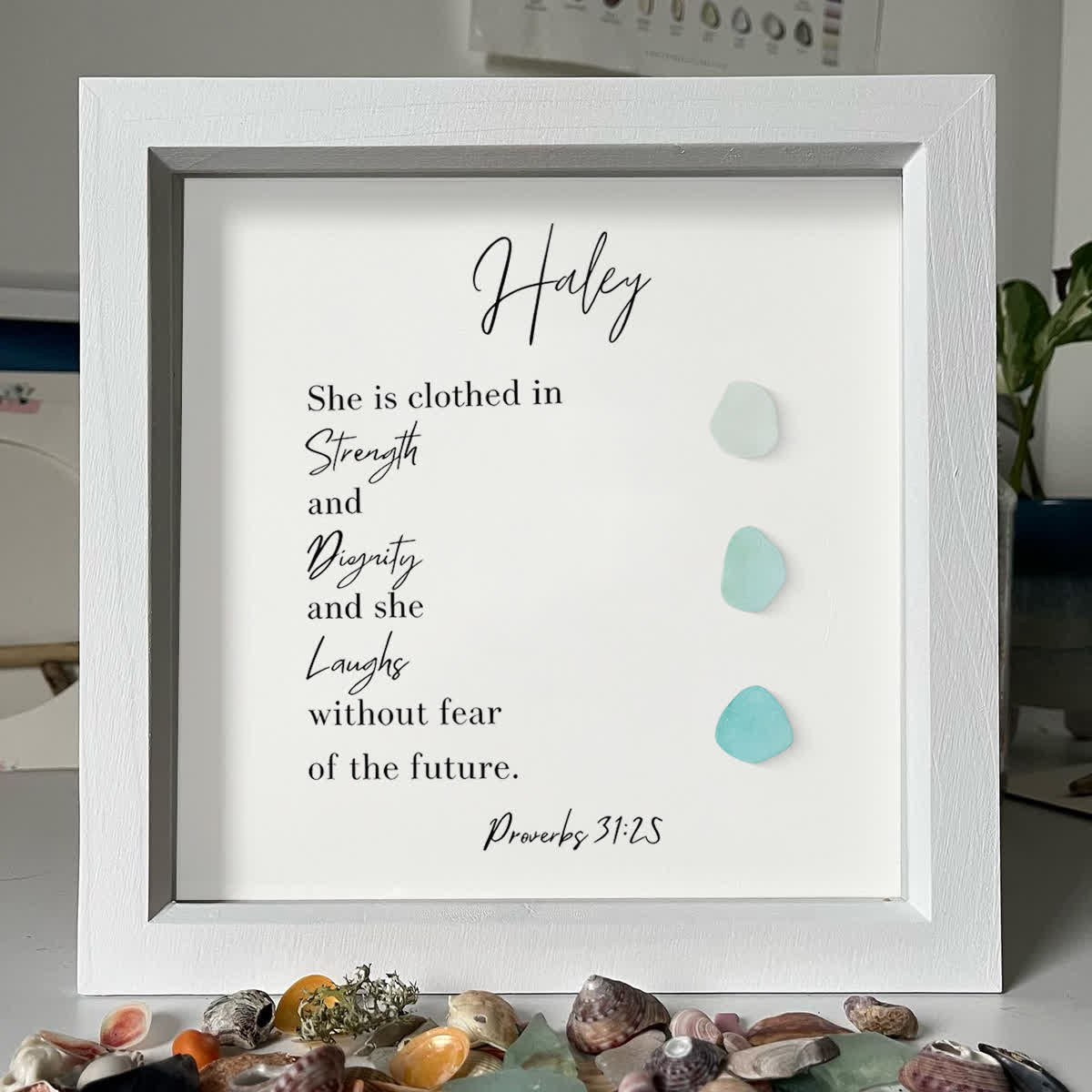Custom Proverbs Strength & Dignity Sea Glass Framed Art - image 0