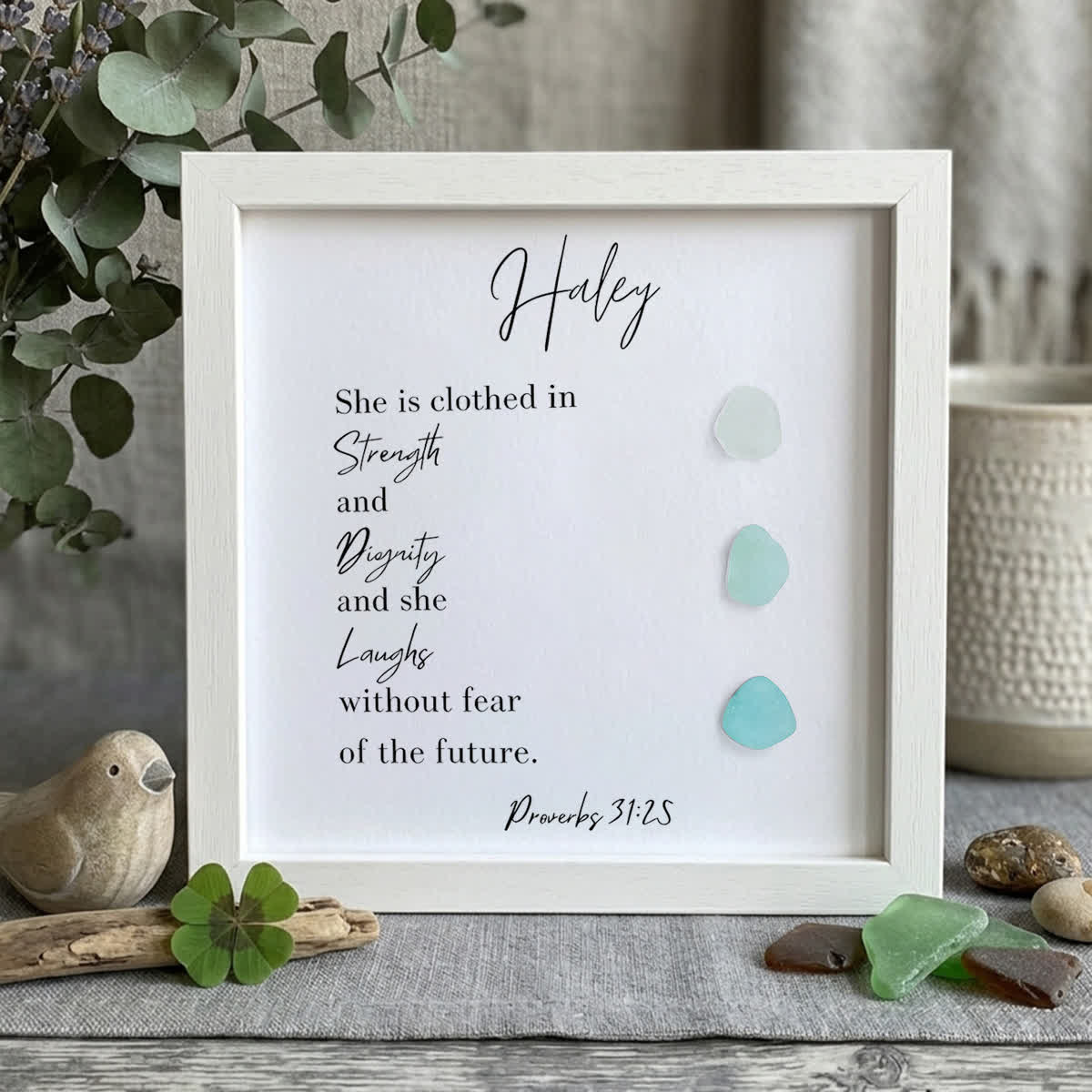 Custom Proverbs Strength & Dignity Sea Glass Framed Art - White - 8" X 8" - image 9