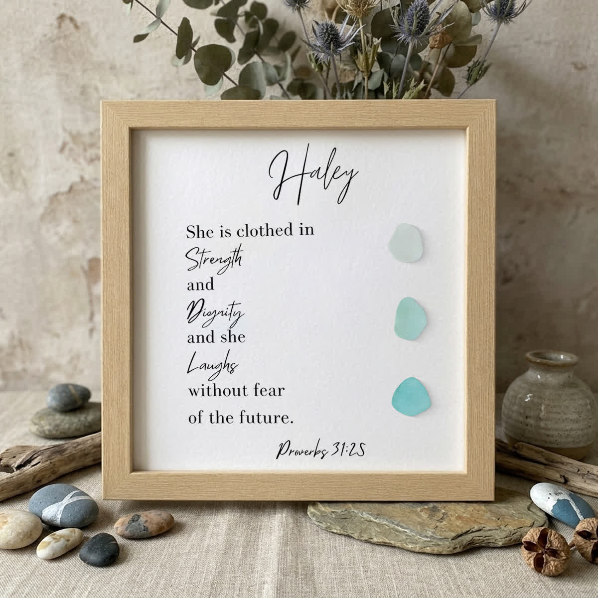 Custom Proverbs Strength & Dignity Sea Glass Framed Art - Oak - 8" X 8" - image 7