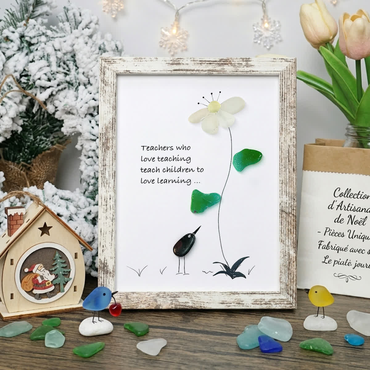 The Teacher's Garden & Bird Sea Glass Framed Art - Retro White - 8" X 6" - image 9